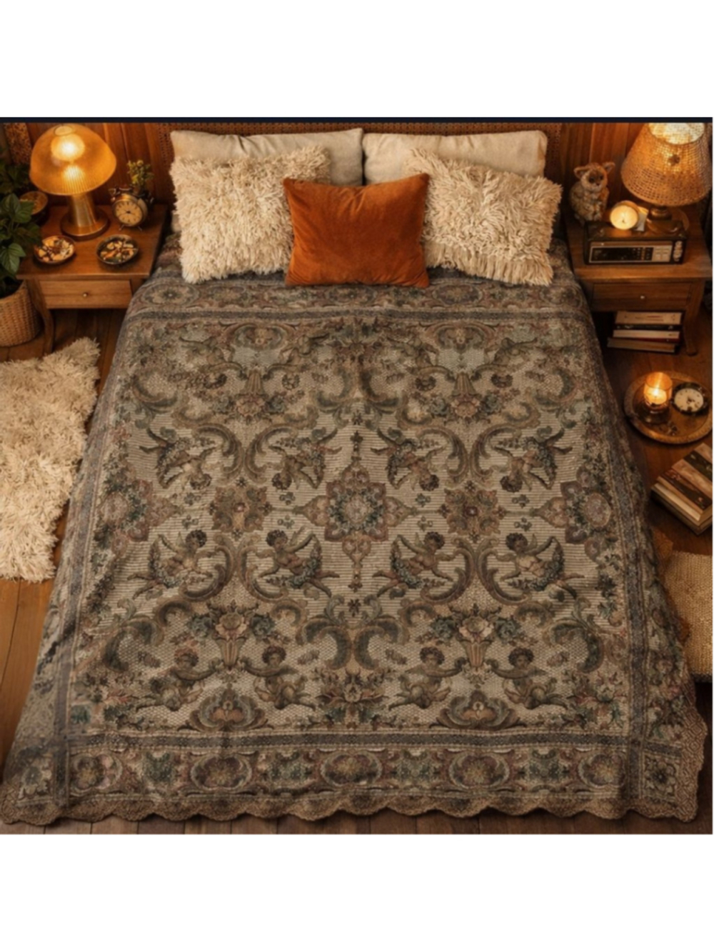 Vintage mid‑century jacquard cherub floral bedspread coverlet blanket